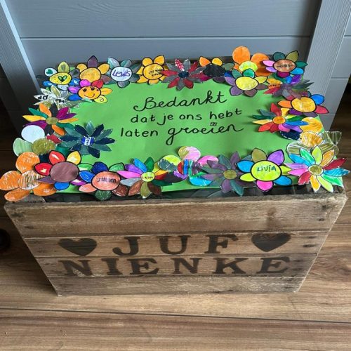 origineel persoonlijk cadeau juffencadeau juf meester school schooltuintje bloementuintje liefslabel afscheidscadeaus groep 8 pensioen afscheid basisschool