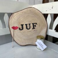 boomstam bord juf cadeau bedankje cadeautje liefslabel