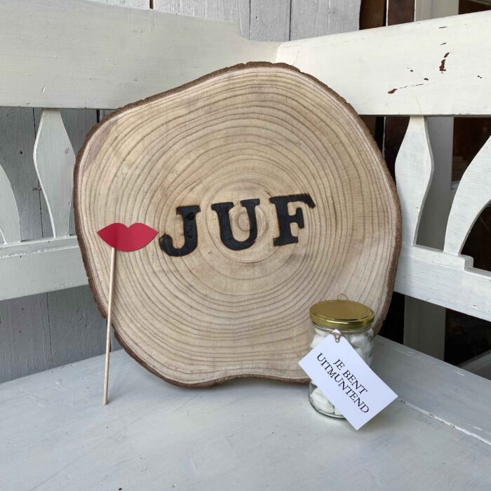 boomstam bord juf cadeau bedankje cadeautje liefslabel