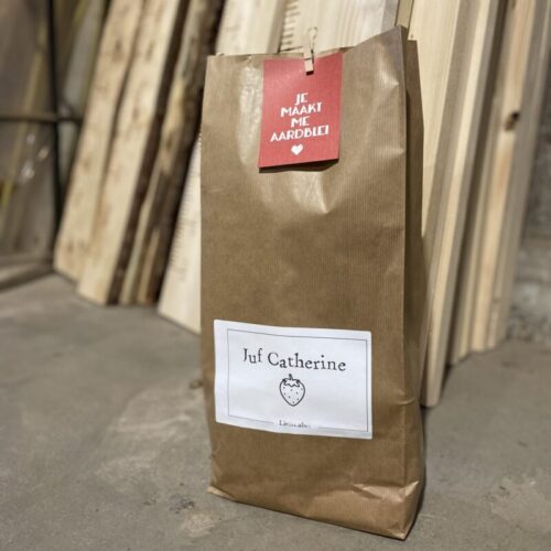 aardblei plantje aardbeienplantje duurzaam groen cadeau kleinigheidje liefs liefslabel juf meester bedankje juf catherine origineel persoonlijk groen