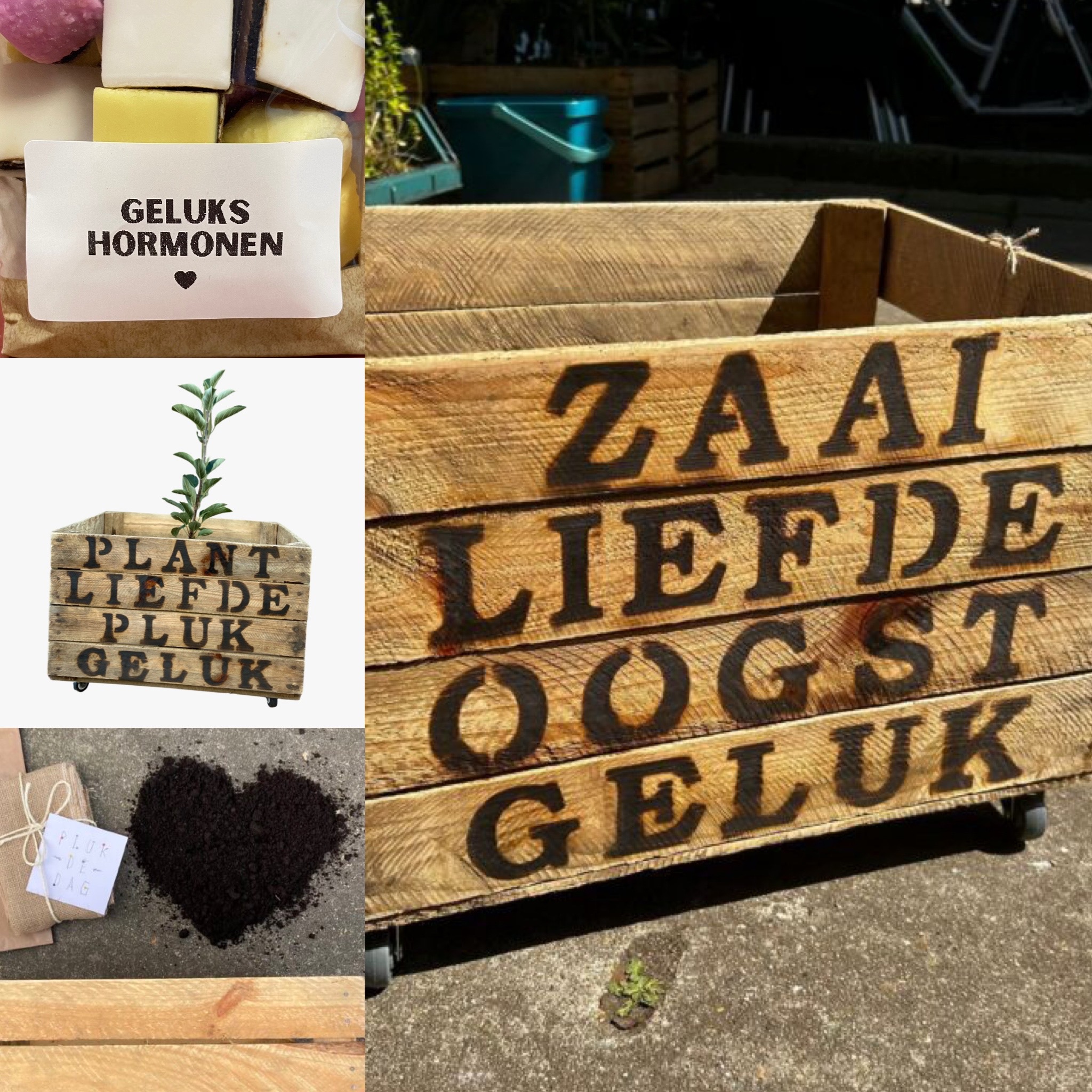 gelukstuintje zaai liefde oogst geluk houten kist tuintje liefslabel origineel cadeau pensioen bruiloft trouwdag verjaardag cadeautip leuk