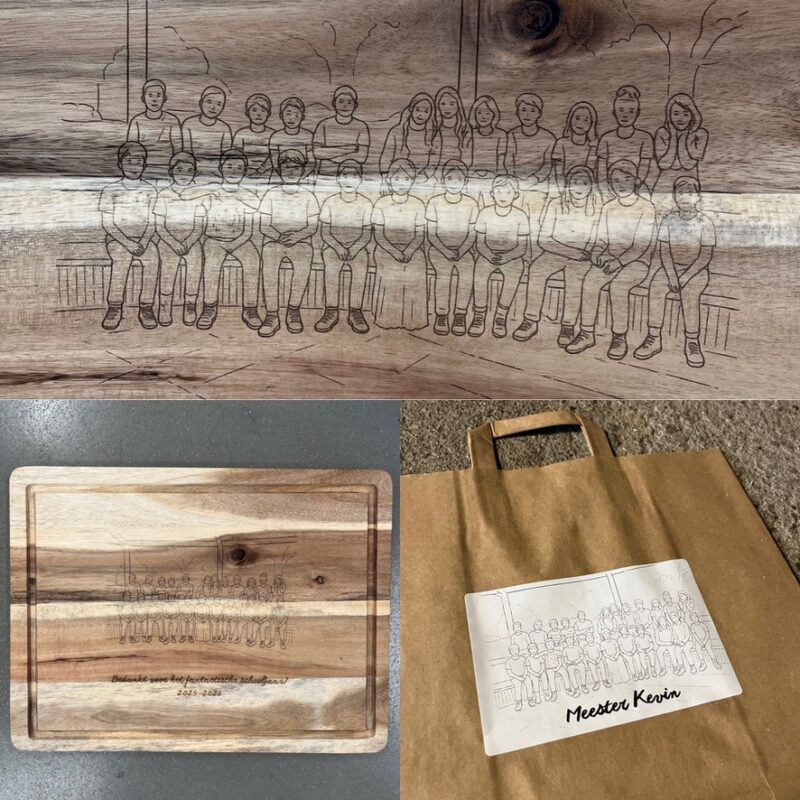 liefdesplank origineel persoonlijk leuk cadeau afscheid juf meester gezamenlijk cadeau klas cadeautip kado kadotip borrelplank snijplank liefslabel