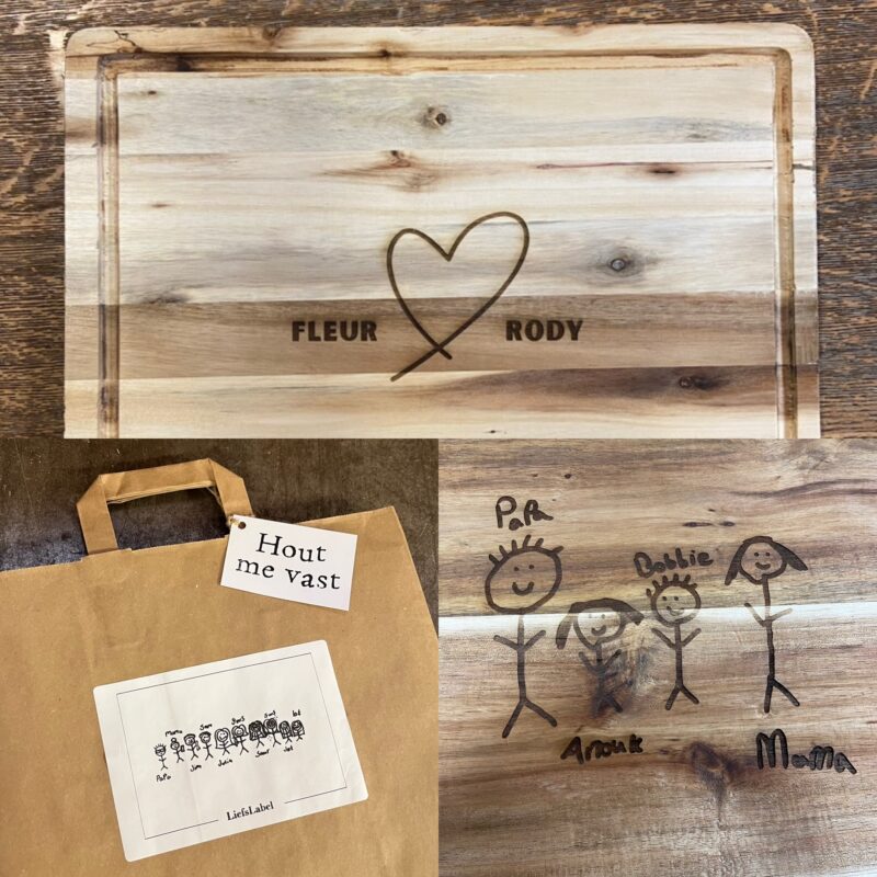 liefdesplank borrelplank vleesplank kindertekening liefslabel origineel persoonlijk leuk cadeau cadeautip kado kadotip verjaardag jubileum bruiloft juf groep 8 afscheid pensioen